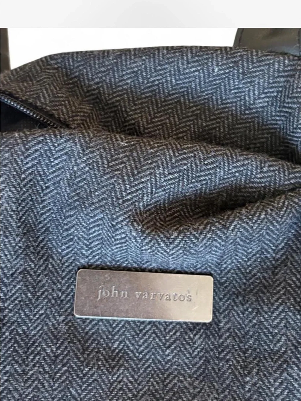 John Varvatos Gray Herringbone Tote with Black Trim